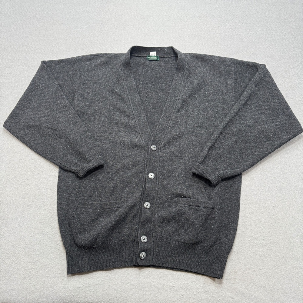 Vintage Lambswool Grandpa Cardigan Mens L Charcoal Gray V-Neck Knit Giordano